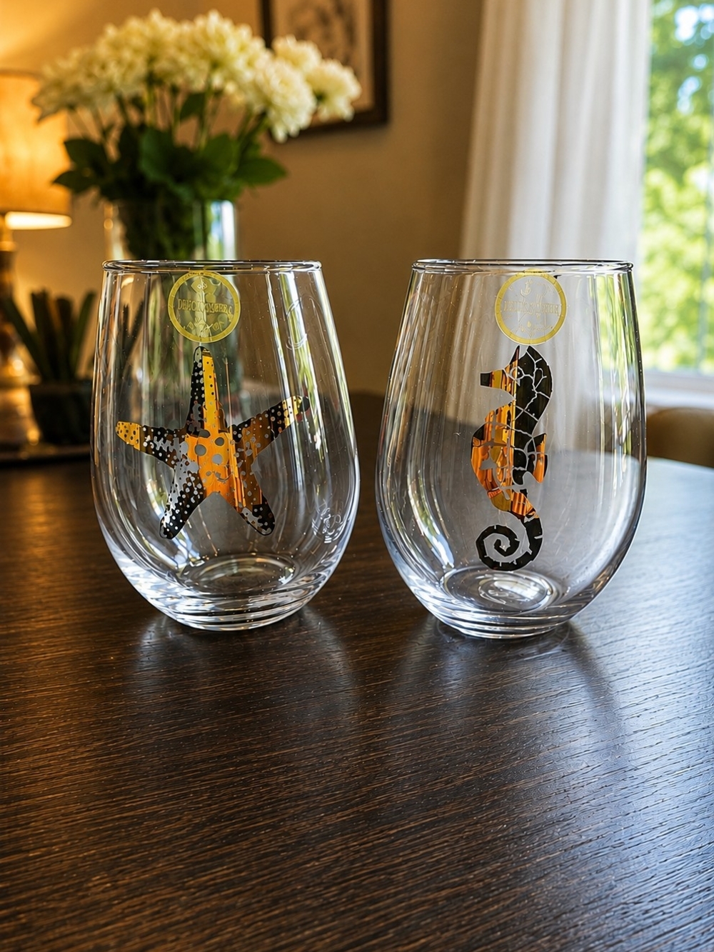 Fifth Avenue Crystal Stemless Goblets Set of 2 Starfish & Seahorse NEW